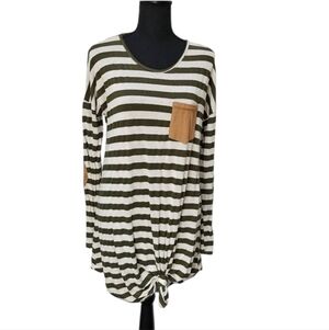 Giddy Up Glamour Stripped Tunic With Elbow Patches Army Green Brown Size L